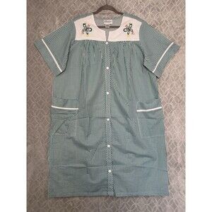 Vtg Mumu House Dress XL Teal Seersucker Embroidered Lounge Granny Cottage Casual